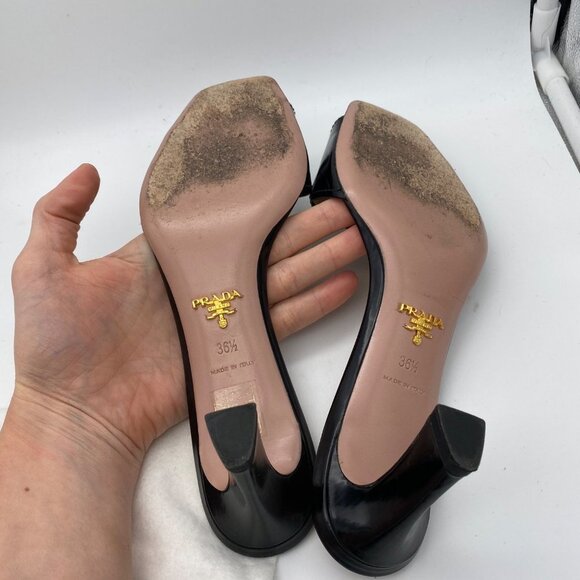 Prada Black Embellished Low Heels Size 36.5 Black Leather Square Toe Romantic - Picture 8 of 10